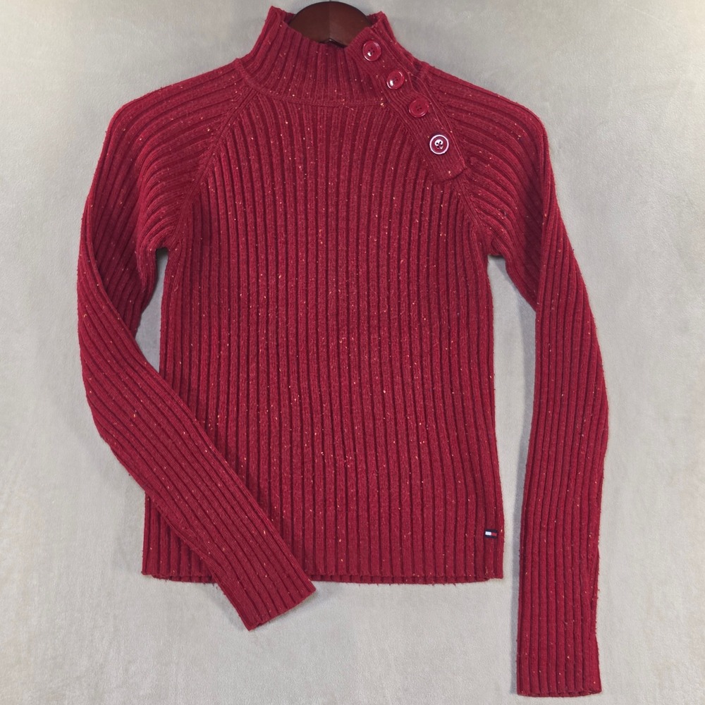 Vintage Tommy Jeans Red Ribbed Button Shoulder Mock Neck Sweater Y2K 2003 L